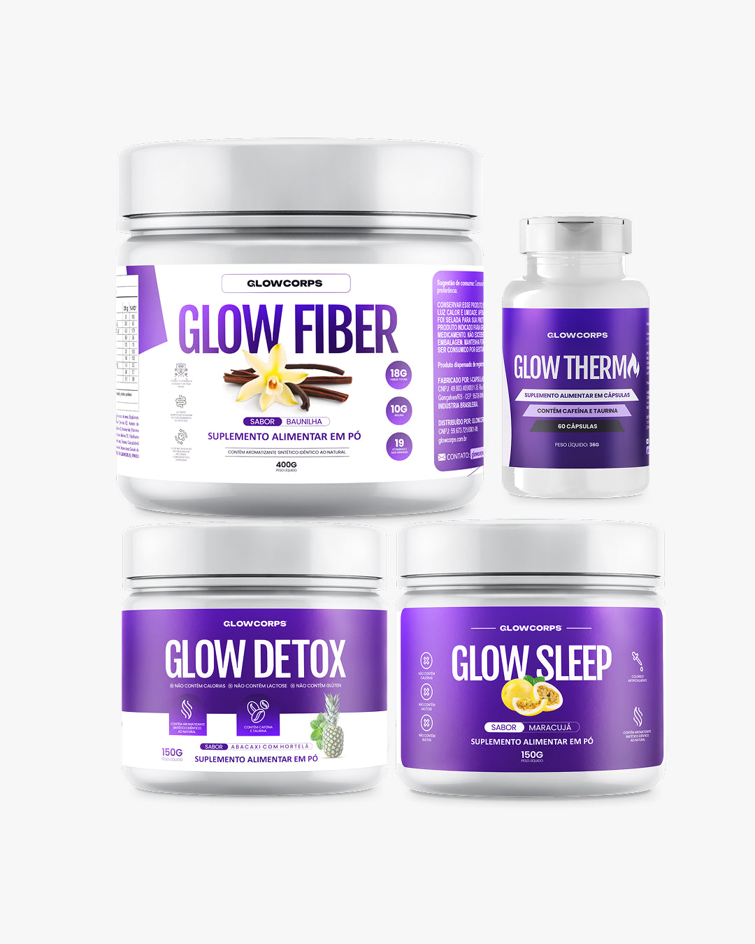 Combo SECA BARRIGA: -10kg em 30dias | 02 Shake GlowFiber | 01 GlowDetox | 01 GlowSleep | 01 Glow Thermo | 01 Glow Control